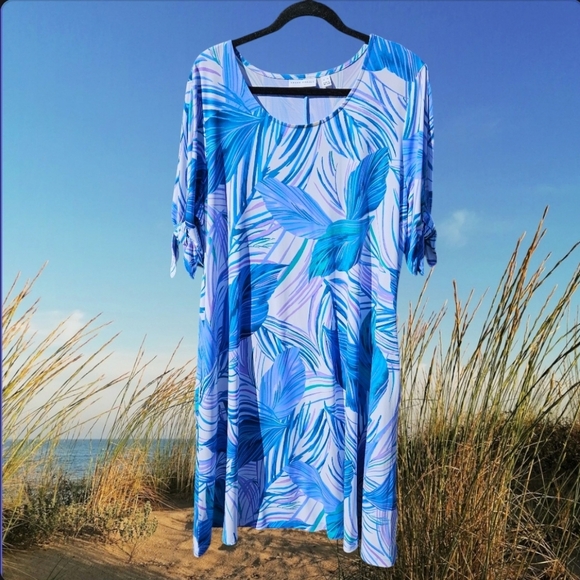 Susan Graver Printed Regular Liquid Knit A-Line Dress Sleeve Ties Pockets XL - Picture 2 of 11